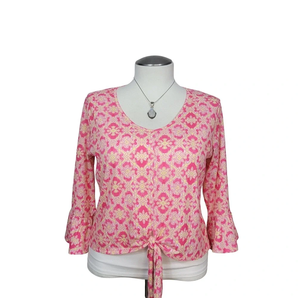 Stella Parker Top Womens Large Pink Yellow Floral Bell Sleeve Tie Front Boho - Picture 1 of 6